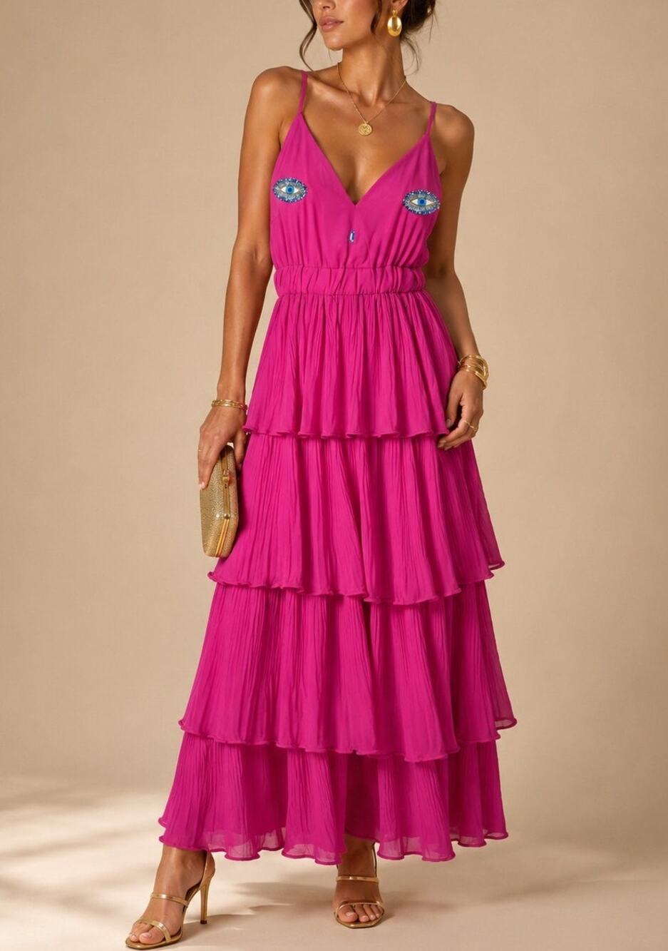 NWT Beaded Jewel 3D Eye Tiered Maxi Dress Size S Fuchsia Pink Party Statement